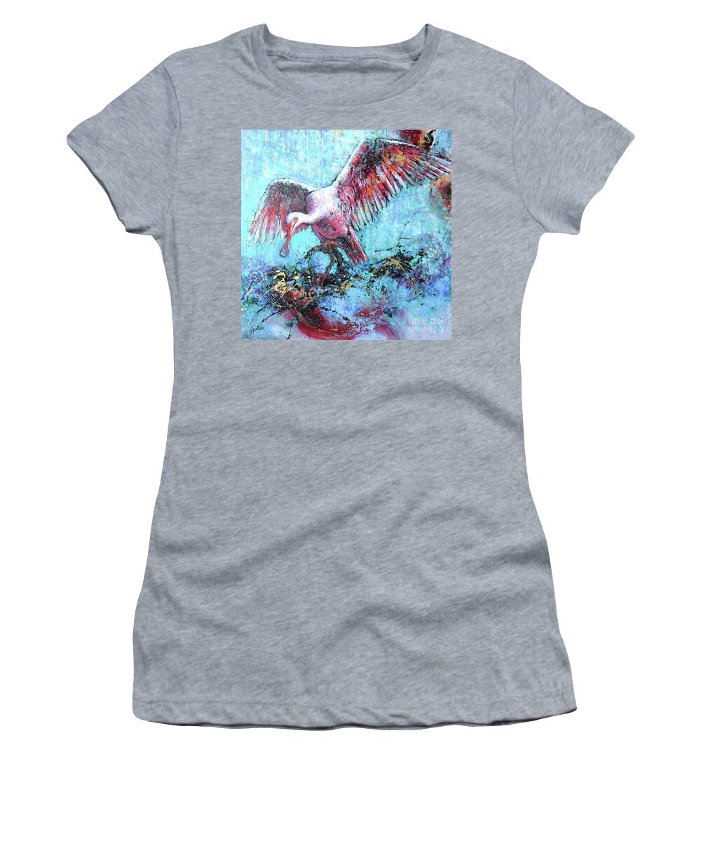  Women's T-Shirt featuring the painting Spoonbill on a Misty Day by Jyotika Shroff