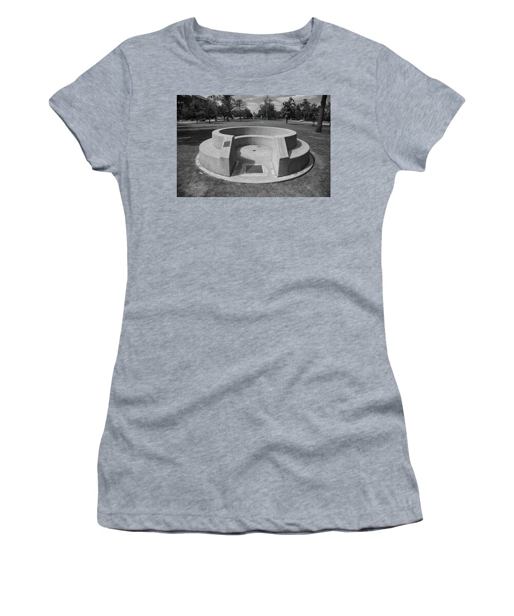 Spoonholder University Of Oklahoma Women's T-Shirt featuring the photograph Spoonholder on the campus of the University of Oklahoma in black and white by Eldon McGraw