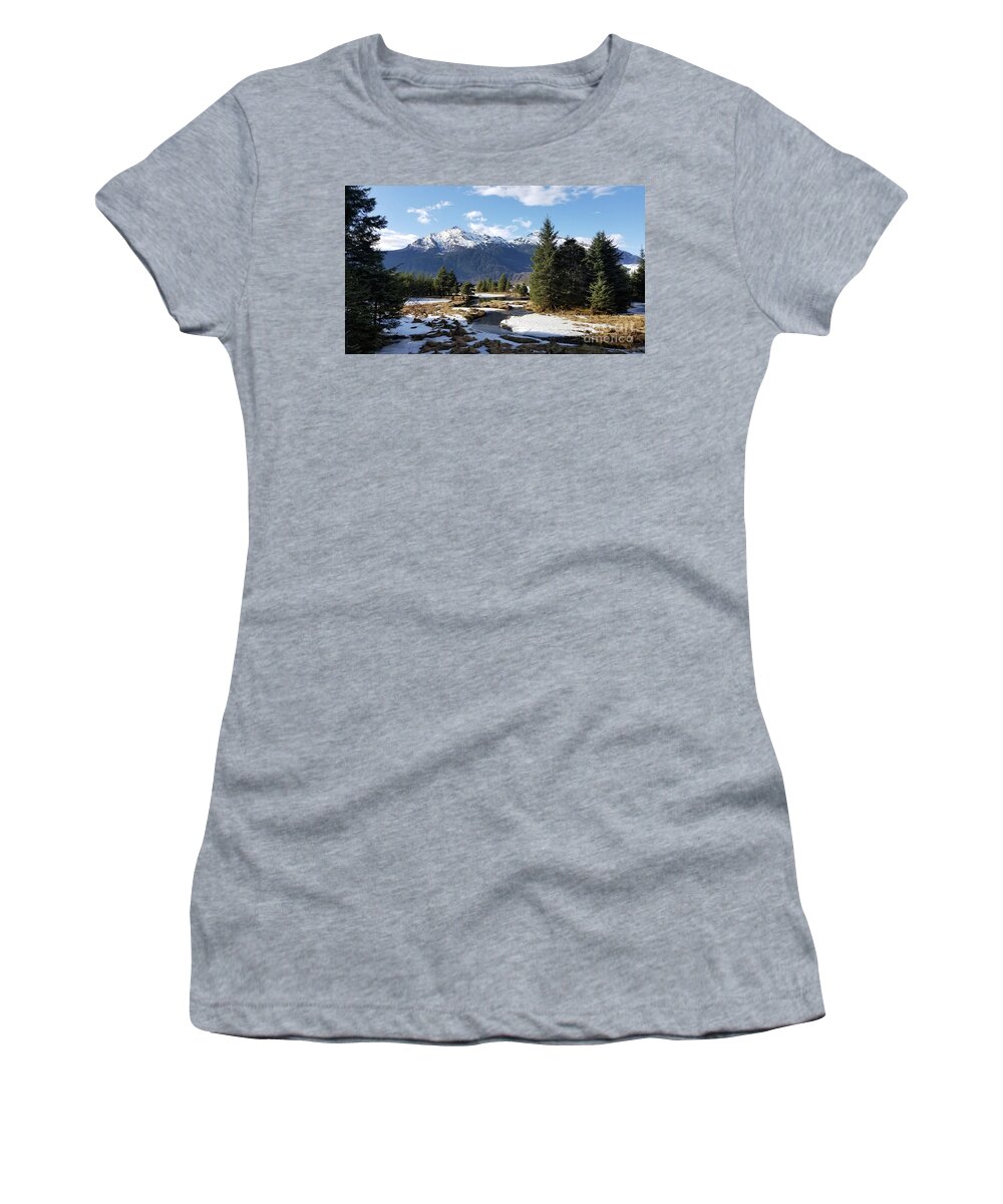 #alaska #juneau #ak #cruise #tours #vacation #peaceful #mendenhallglacier #glacier #capitalcity #snow #cold #clouds #postcard #mtmcginnis #dredgelakes #spring Women's T-Shirt featuring the photograph Spring at Mt. McGinnis by Charles Vice
