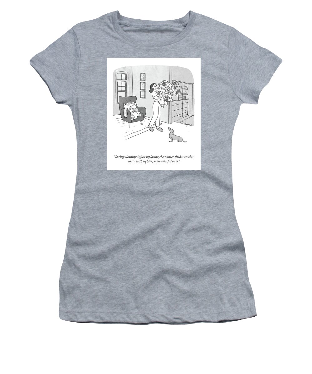 Spring Cleaning Is Just Replacing The Winter Clothes On This Chair With Lighter Women's T-Shirt featuring the drawing Spring Cleaning by Anjali Chandrashekar