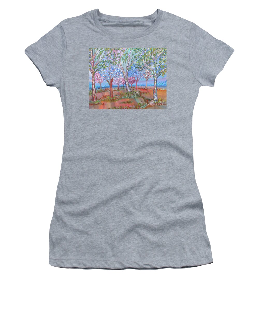 Landscape Trees Spring Birch Colourful Ontario Canada Lobby Office Abstract Realism Women's T-Shirt featuring the painting Spring Is In The Air by Bradley Boug