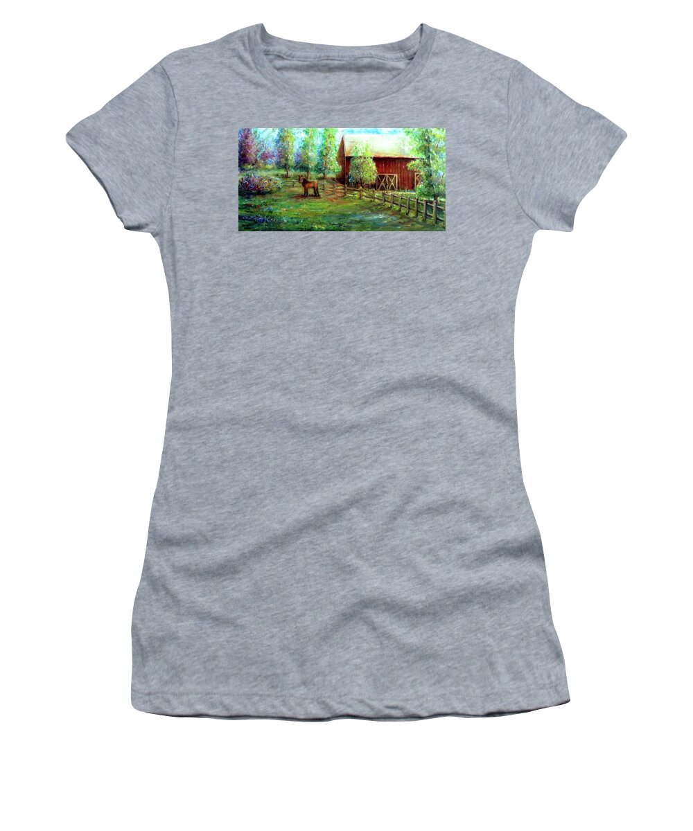 Horse Women's T-Shirt featuring the painting Springborn Horse Farm by Bernadette Krupa