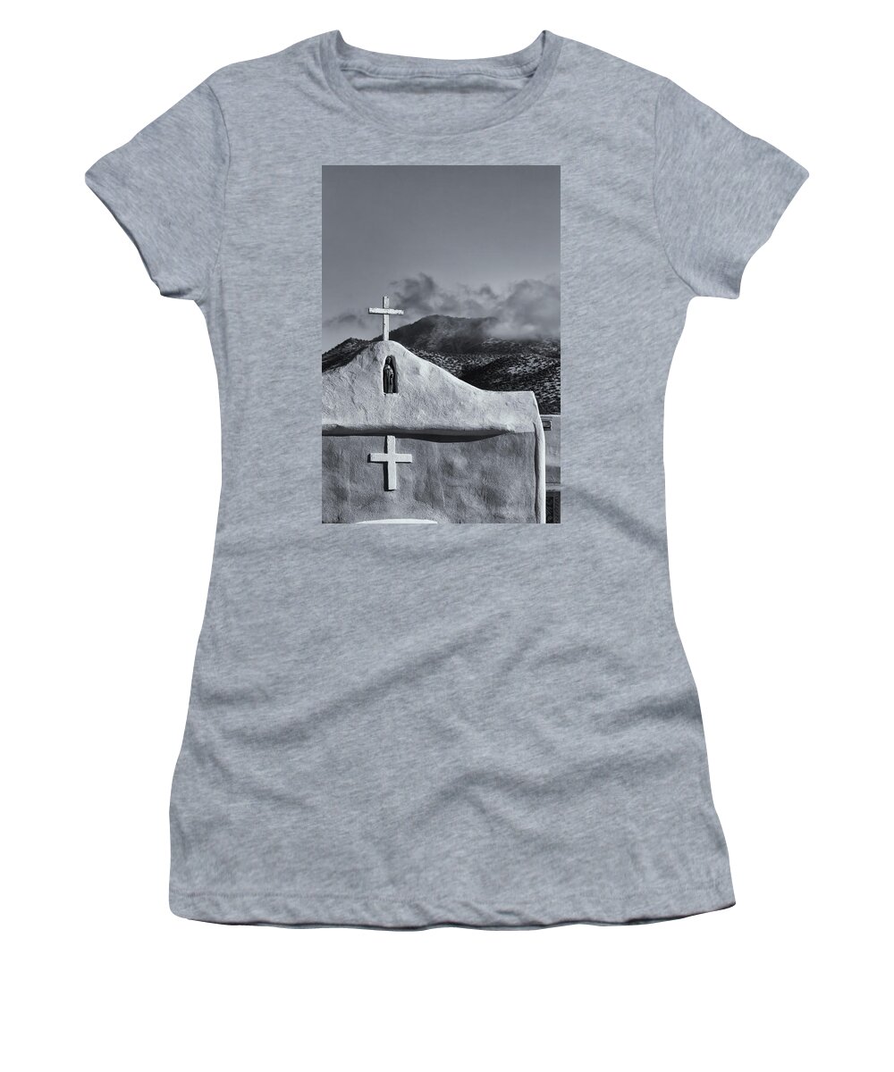 St. Francis Women's T-Shirt featuring the photograph St. Francis Church in Golden, NM-4 by Alan Vance Ley