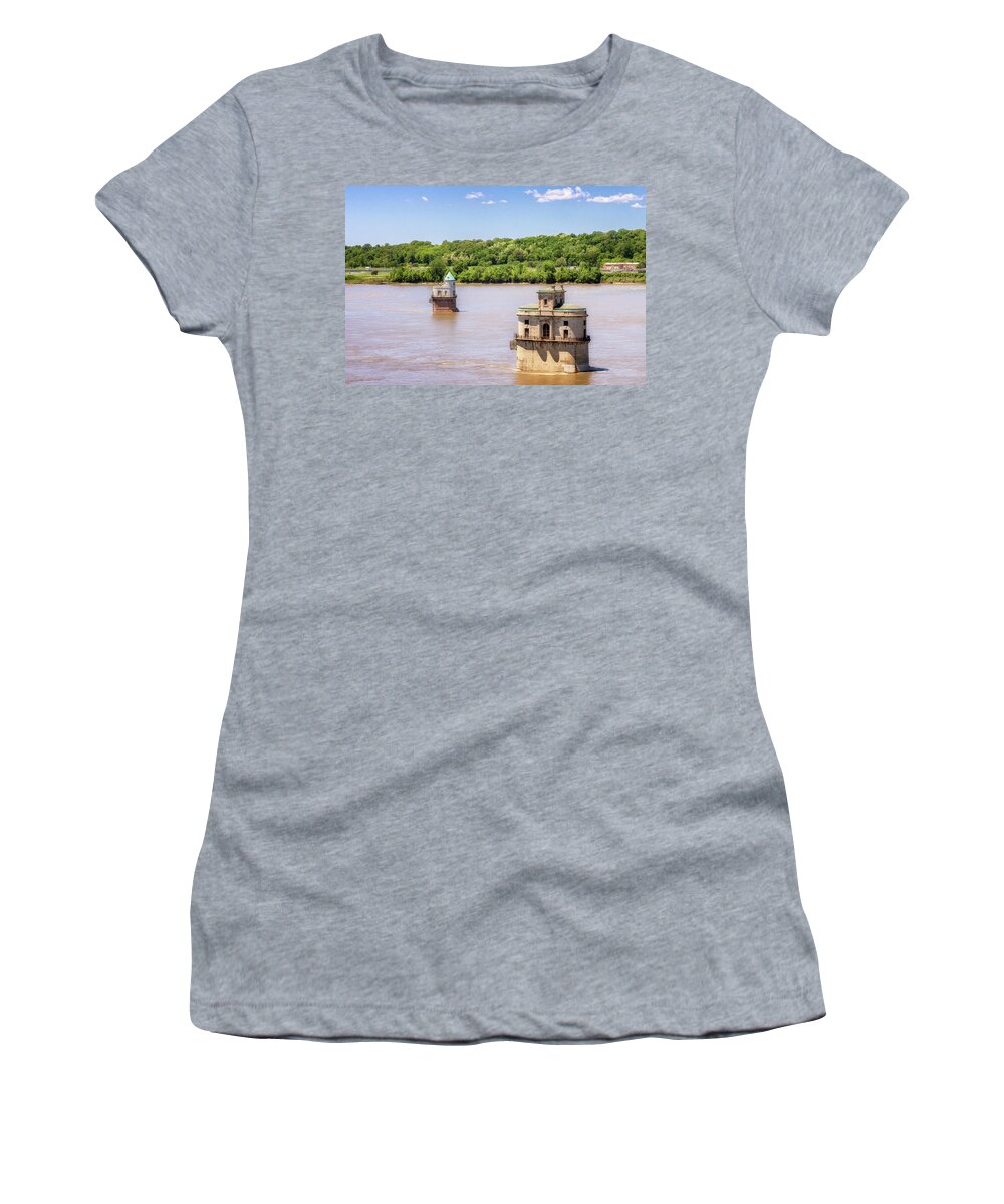 Water Intake Towers Women's T-Shirt featuring the photograph St Louis Water Intake Towers from the Old Chain of Rocks Bridge by Susan Rissi Tregoning
