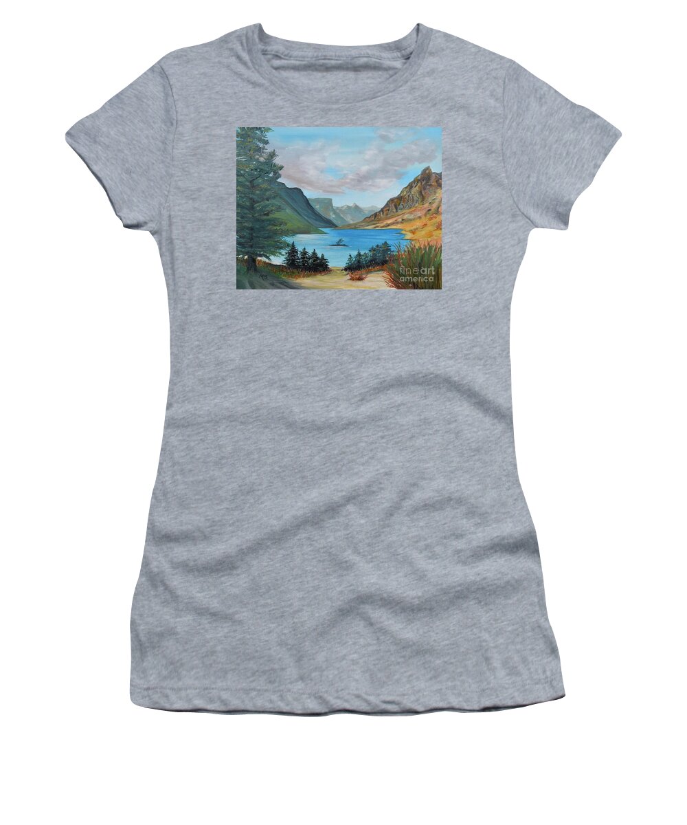 Saint Mary Lake Women's T-Shirt featuring the painting St Mary Lake, Montana by Monika Shepherdson