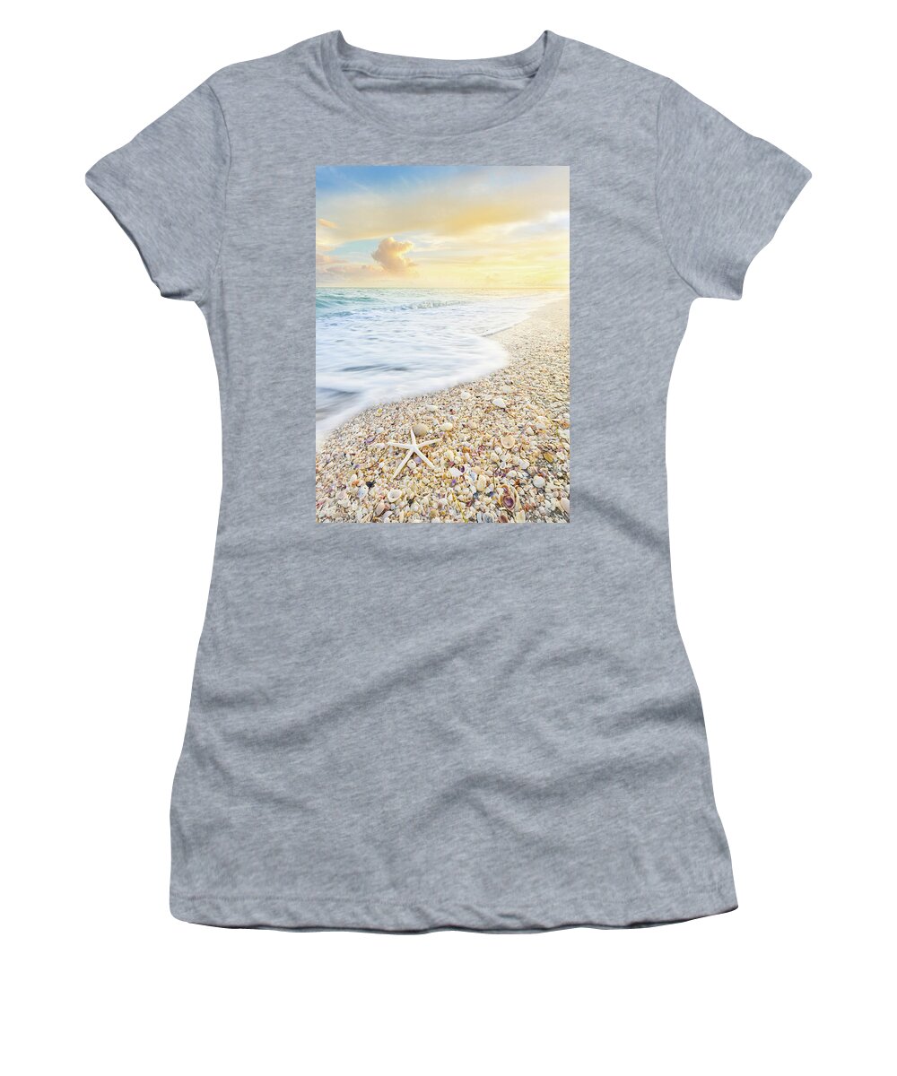 Starfish Women's T-Shirt featuring the photograph Starfish And Seashells Sanibel Island Florida Sunset by Jordan Hill