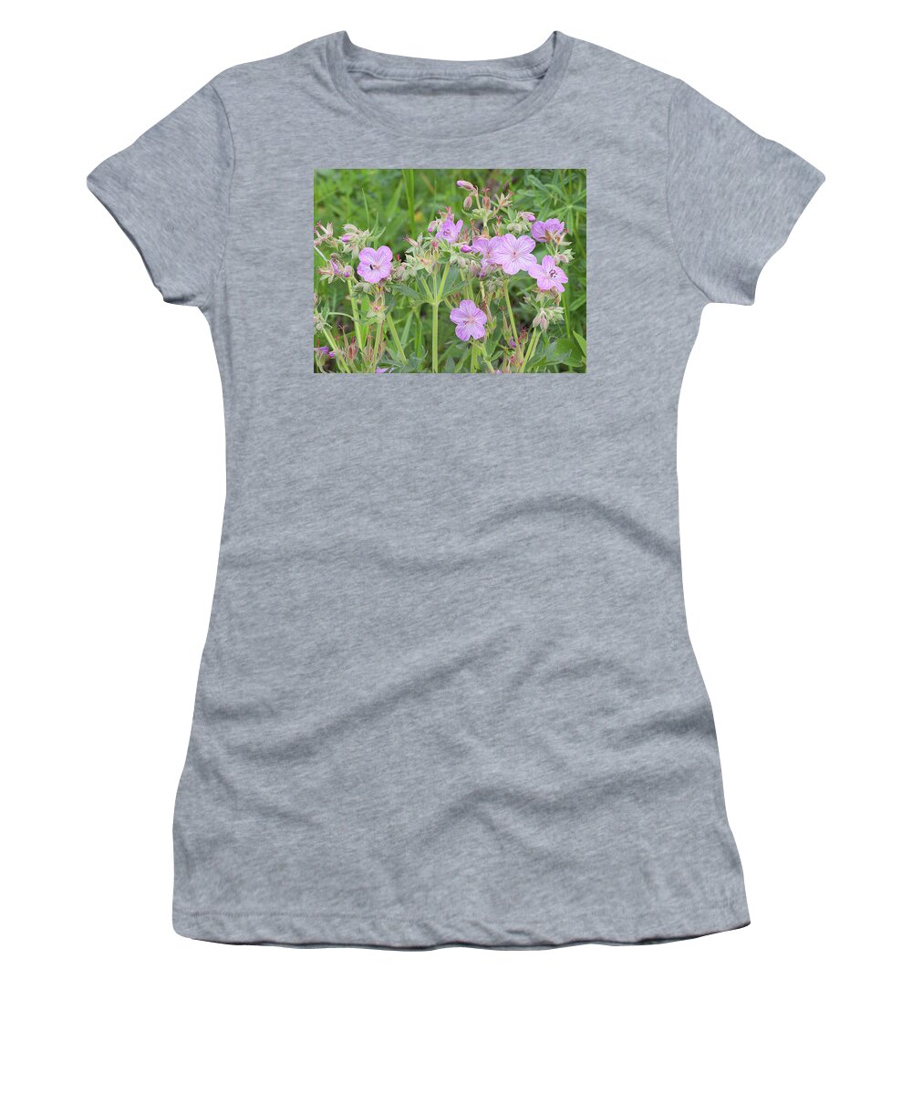 Glacier National Park Women's T-Shirt featuring the photograph Sticky Geranium wildflowers - Glacier National Park, Montana by Ram Vasudev