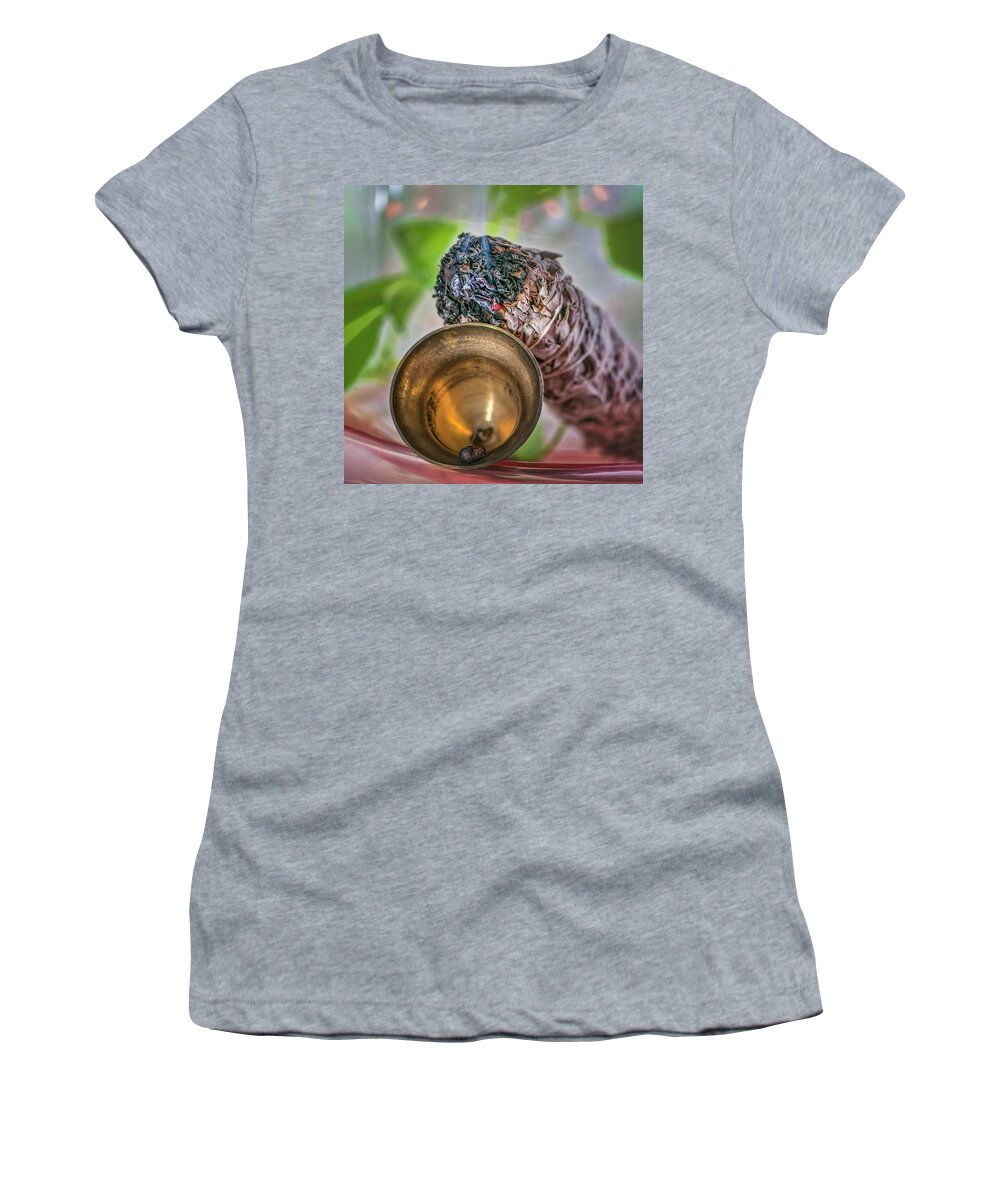 Still Life Women's T-Shirt featuring the photograph Still life of sage burning and dinner bell by Cordia Murphy