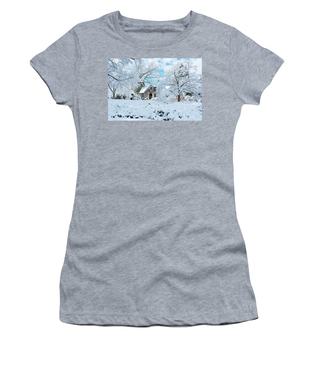 House In Snow Women's T-Shirt featuring the photograph Stone House in Snow by Sharon Popek