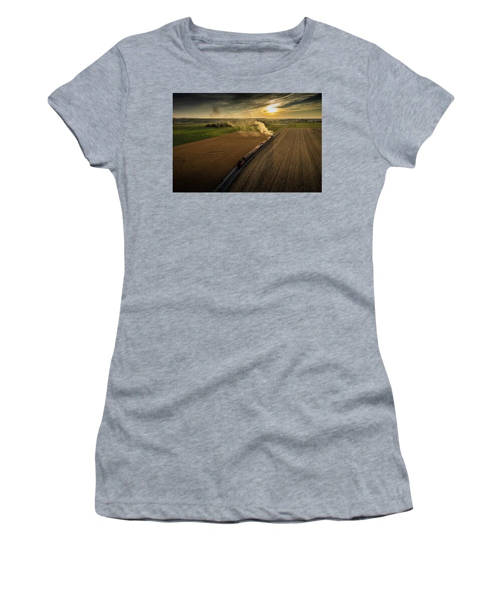 Railroad Women's T-Shirt featuring the photograph Strasburg Railroad caboose Norfolk Western 475 into the setting sun at Strasburg PA by Jim Pearson