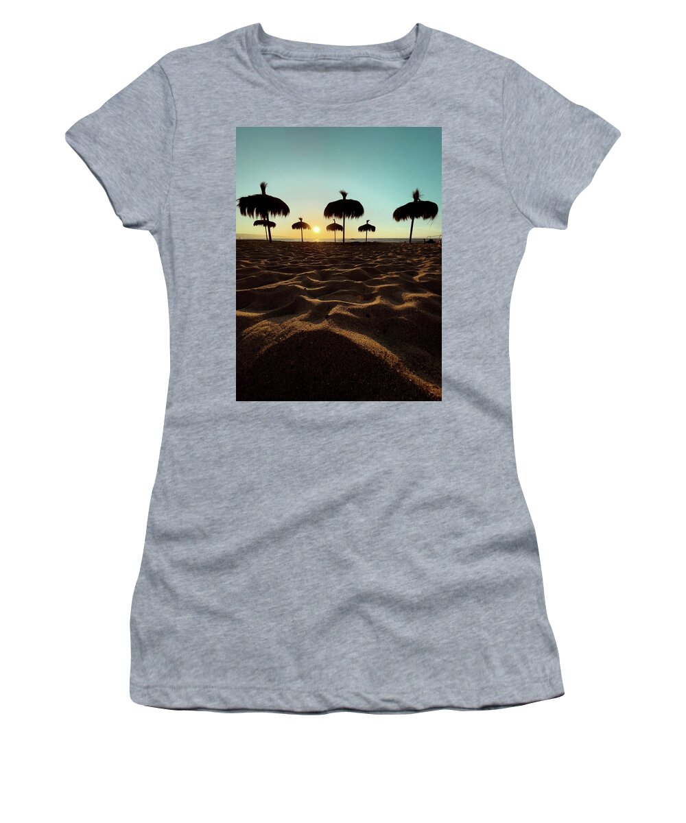 Sunset Women's T-Shirt featuring the photograph Straw Sun Umbrellas by Josu Ozkaritz