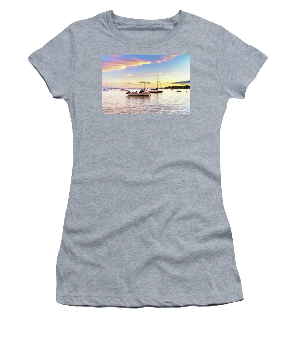 Sailboat Women's T-Shirt featuring the photograph Stunning Sunset with Wooden Boats by Marianne Campolongo