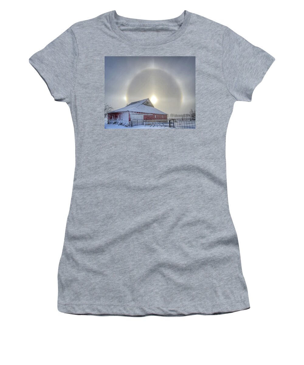 Sun Dogs Women's T-Shirt featuring the photograph Sun Dogs Over the Barn by Bruce Morrison