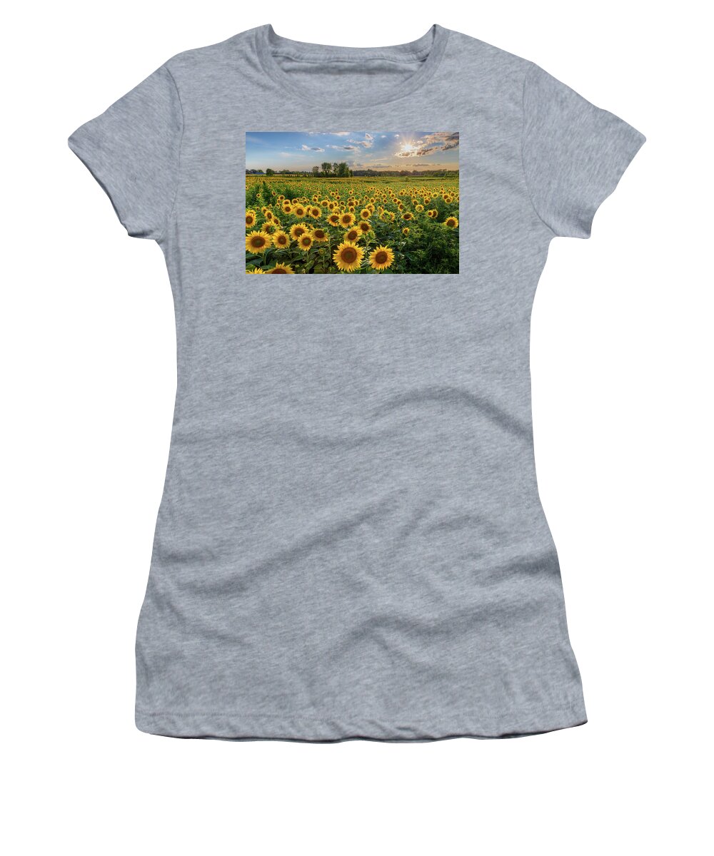 Sunflowers At Sunset Women's T-Shirt featuring the photograph Sunflowers and Sun by Rod Best
