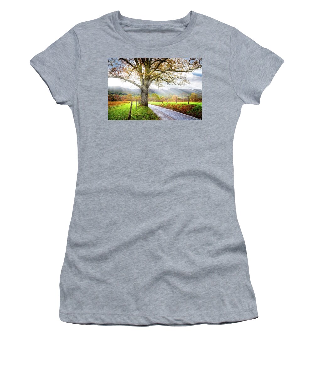 Cades Women's T-Shirt featuring the photograph Sunrays on Sparks Lane at Cades Cove Townsend Tennessee by Debra and Dave Vanderlaan