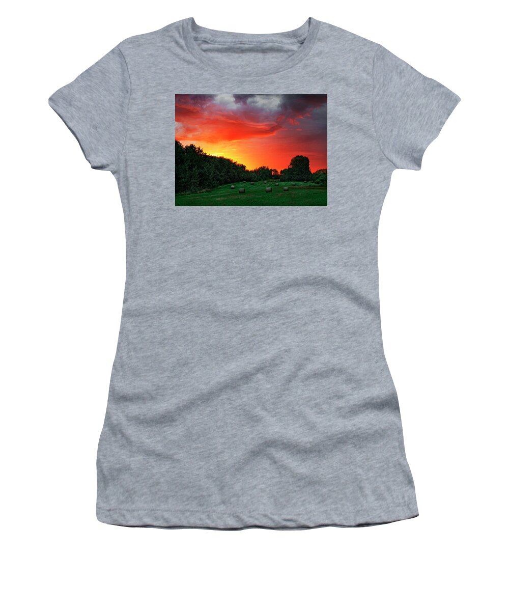 Landscape Women's T-Shirt featuring the photograph Sunrise and Bales by Dan Jurak