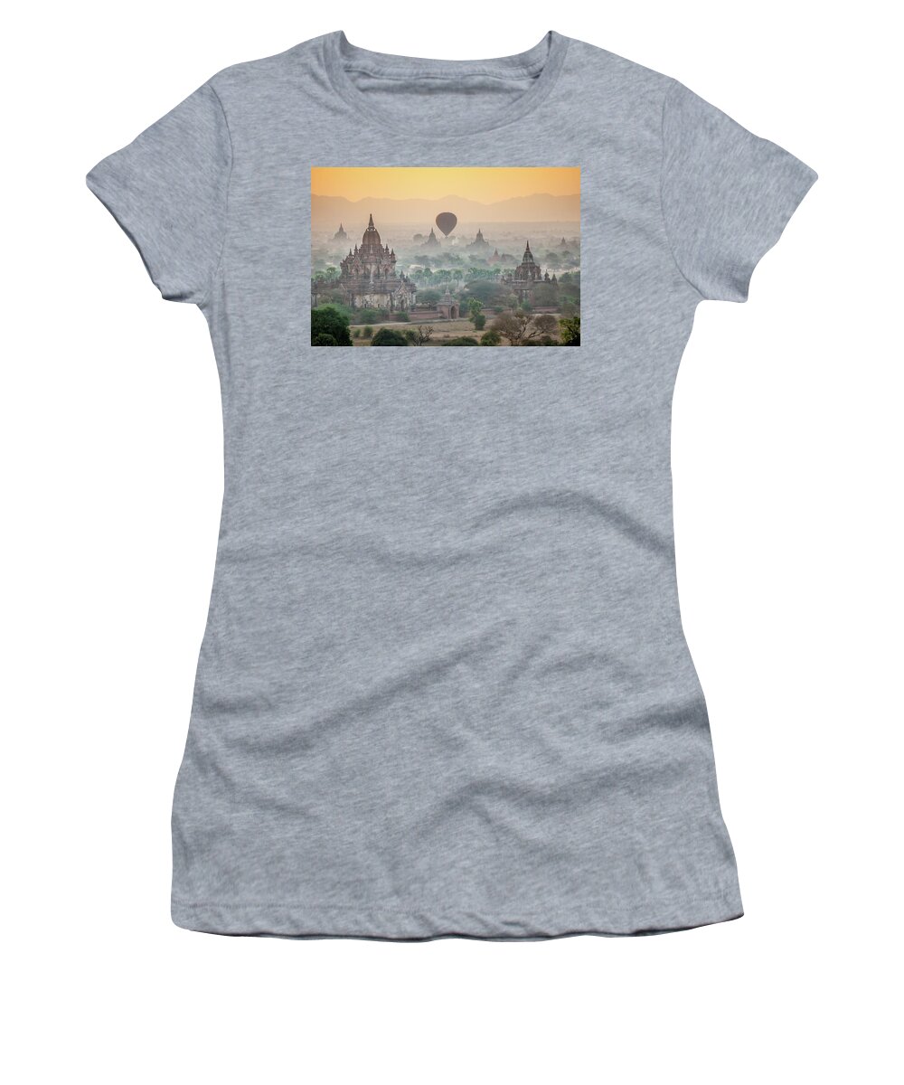 Sunrise Women's T-Shirt featuring the photograph Sunrise at Bagan by Arj Munoz