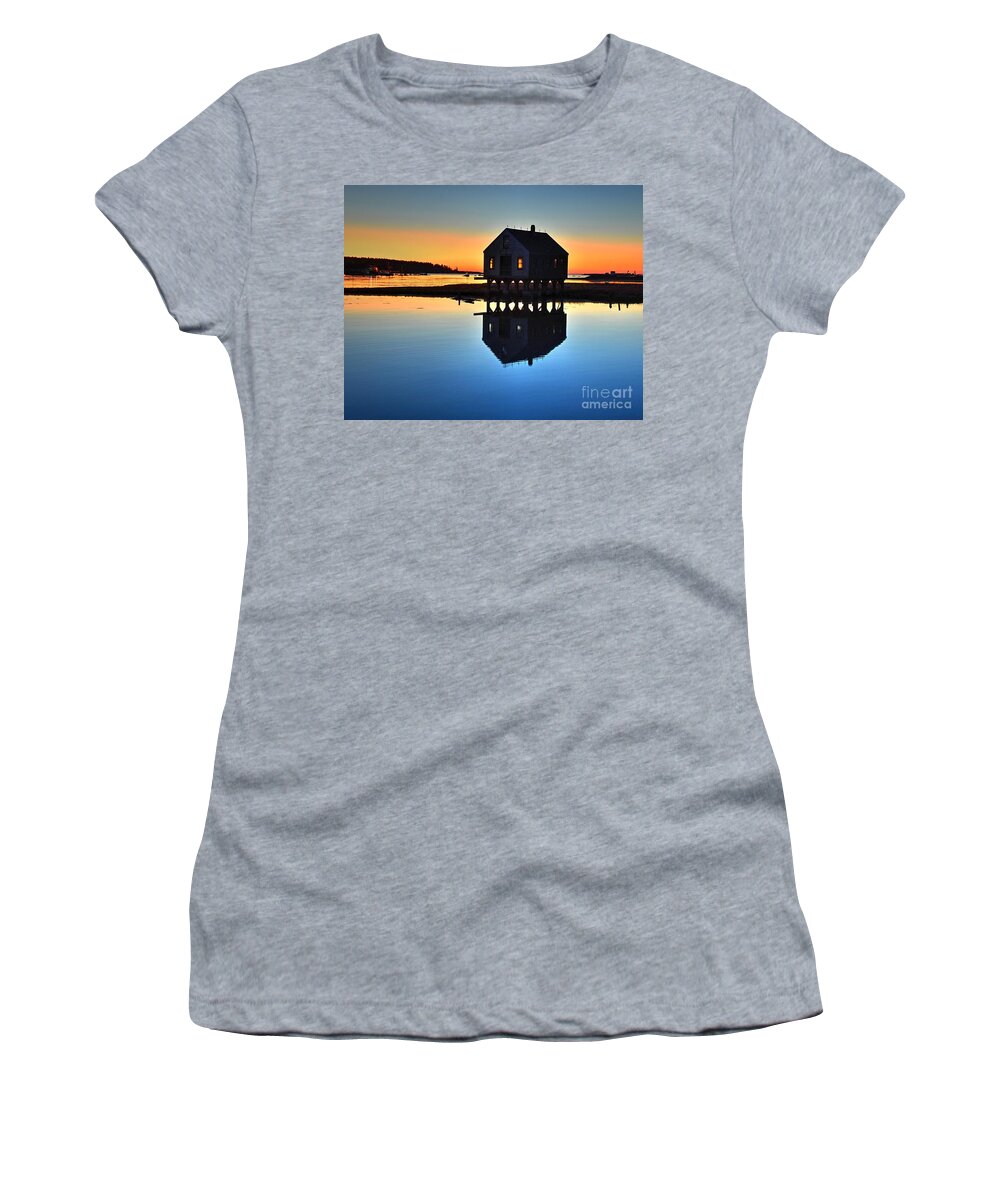 Cape Porpoise Women's T-Shirt featuring the photograph Sunrise at the Fishing Shack by Steve Brown