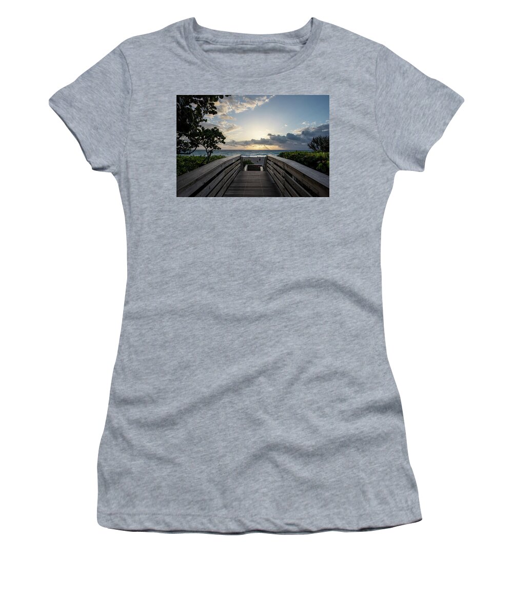 Beach Women's T-Shirt featuring the photograph Sunrise Beach Walk by Laura Fasulo