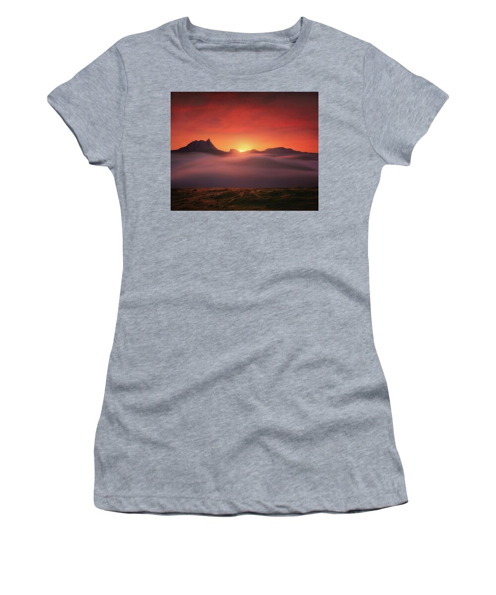 Fog Women's T-Shirt featuring the photograph Sunrise from Saibi mountain with sea of clouds by Mikel Martinez de Osaba