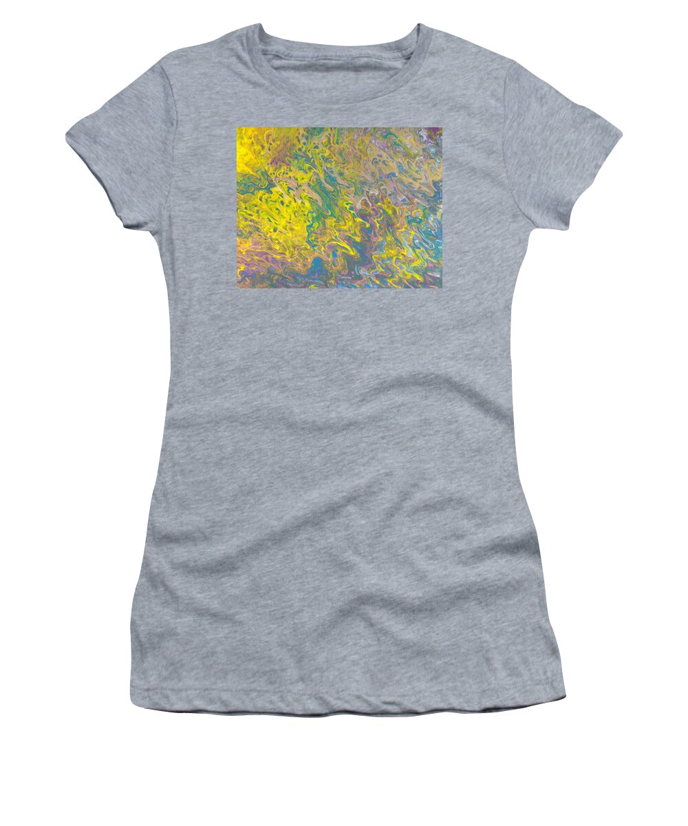 Acrylic Women's T-Shirt featuring the painting Sunrise Over the Creek Abstract Acrylic Painting with Waves and Swirls of Yellow, Pinks, Blues by Ali Baucom