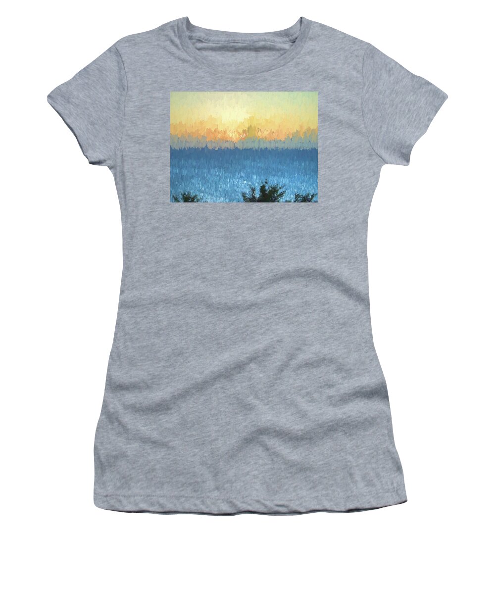 Abstract Women's T-Shirt featuring the photograph Sunrise Over Water Abstract by Roberta Byram