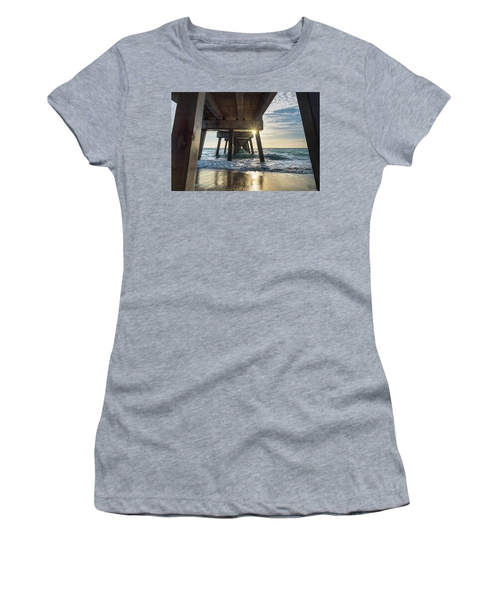 Juno Pier Women's T-Shirt featuring the photograph Sunrise Under Juno Pier by Laura Fasulo