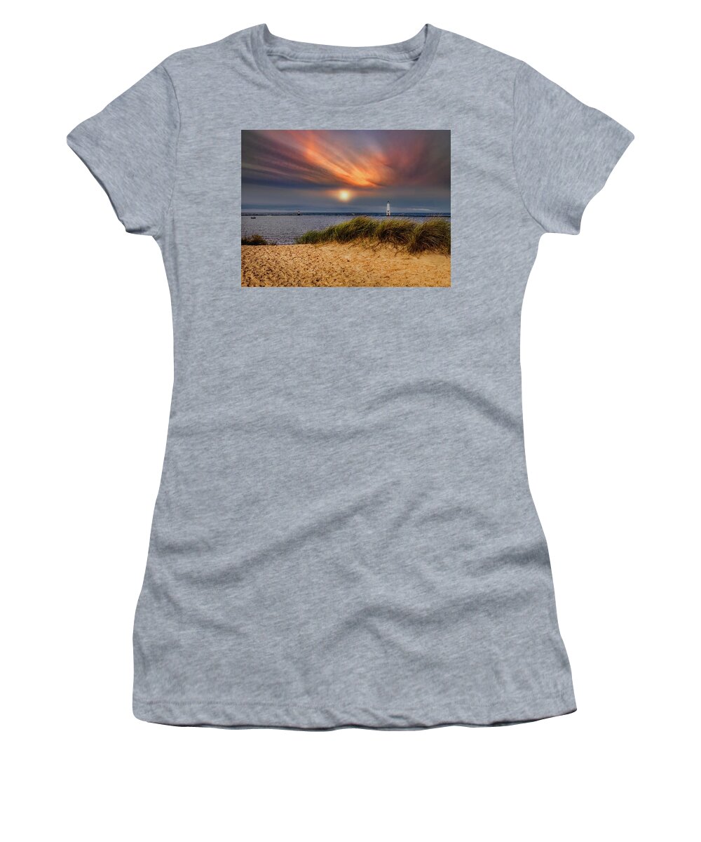 Northernmichigan Women's T-Shirt featuring the photograph Sunset at Betsie Harbor Entrance IMG_3653 by Michael Thomas