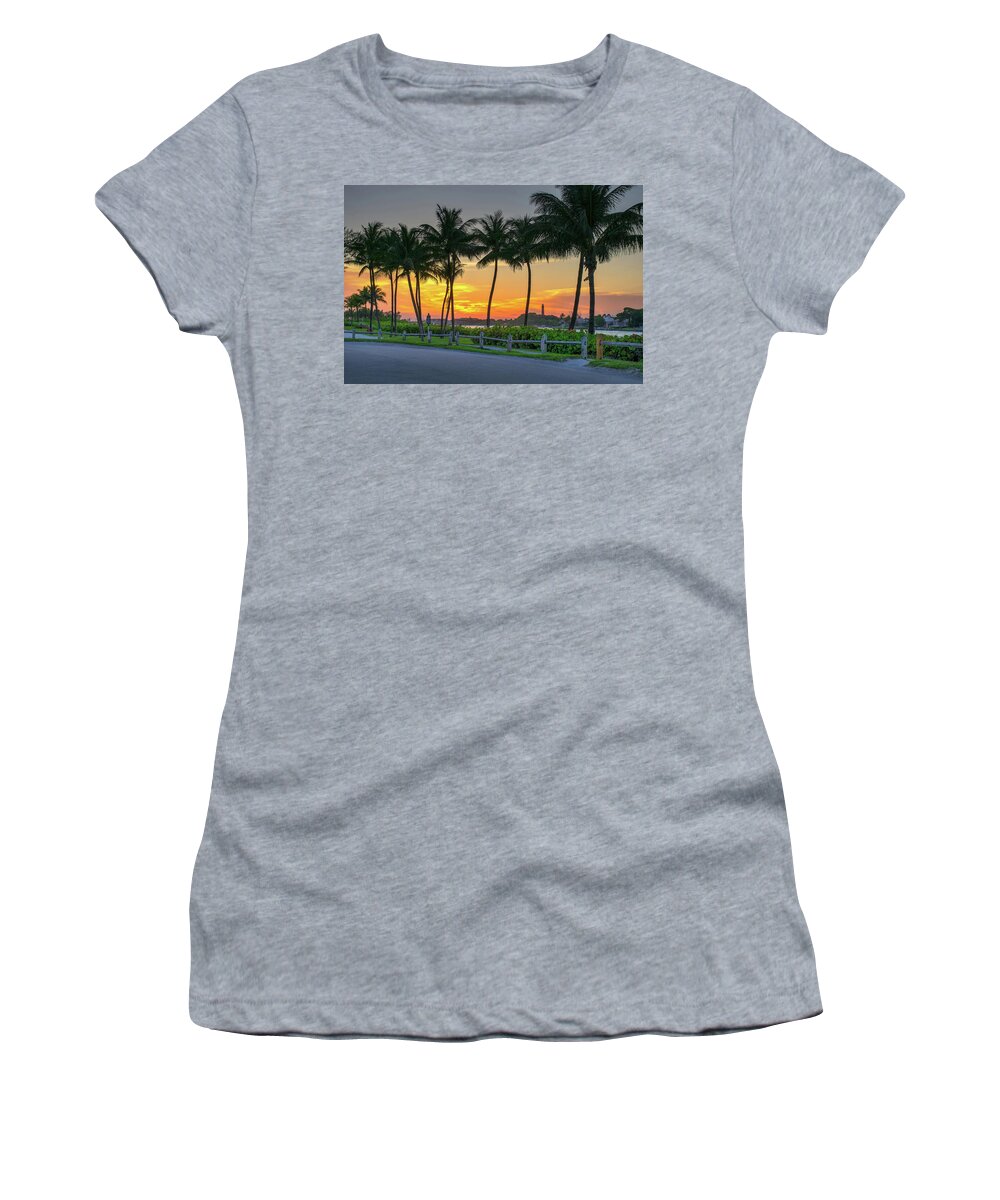 Jupiter Women's T-Shirt featuring the photograph Sunset at Jupiter Inlet Parking Lot with Lighthouse by Kim Seng