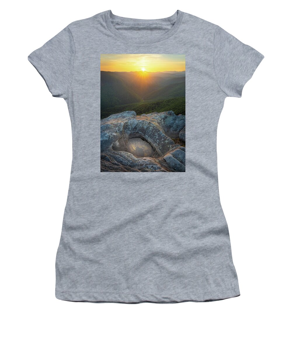 Linville Gorge Women's T-Shirt featuring the photograph Sunset At Linville Gorge Hawksbill Mountain North Carolina by Jordan Hill