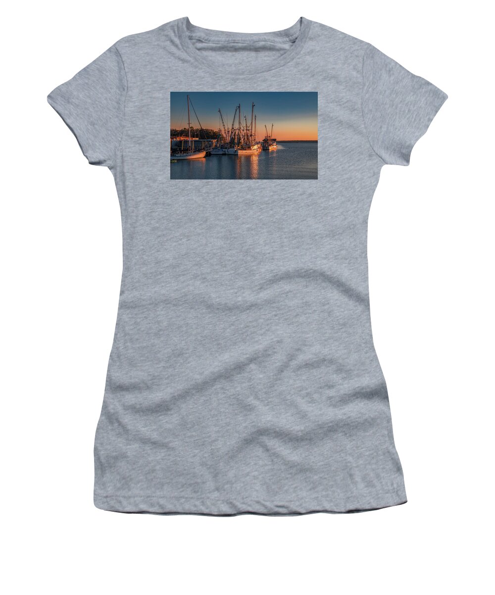 Sunset Women's T-Shirt featuring the photograph Sunset at Shem Creek, Charleston by Marcy Wielfaert