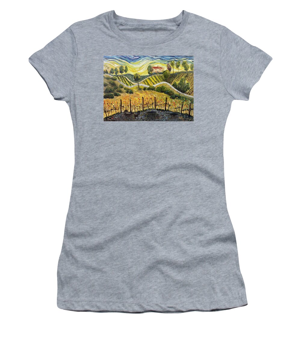 Sunset Women's T-Shirt featuring the painting Sunset at the Villa by Roxy Rich