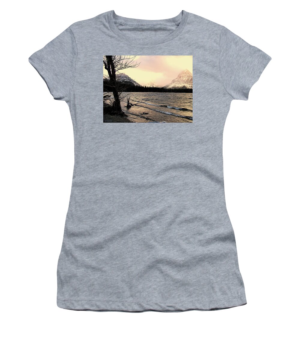 Two Medicine Lake Women's T-Shirt featuring the photograph Sunset at Two Medicine Lake and Sinopah Mountain 2 by Tracey Vivar