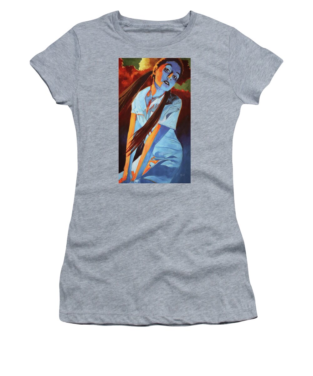 Girl Women's T-Shirt featuring the painting Sunset Girl Diptyque by Sv Bell