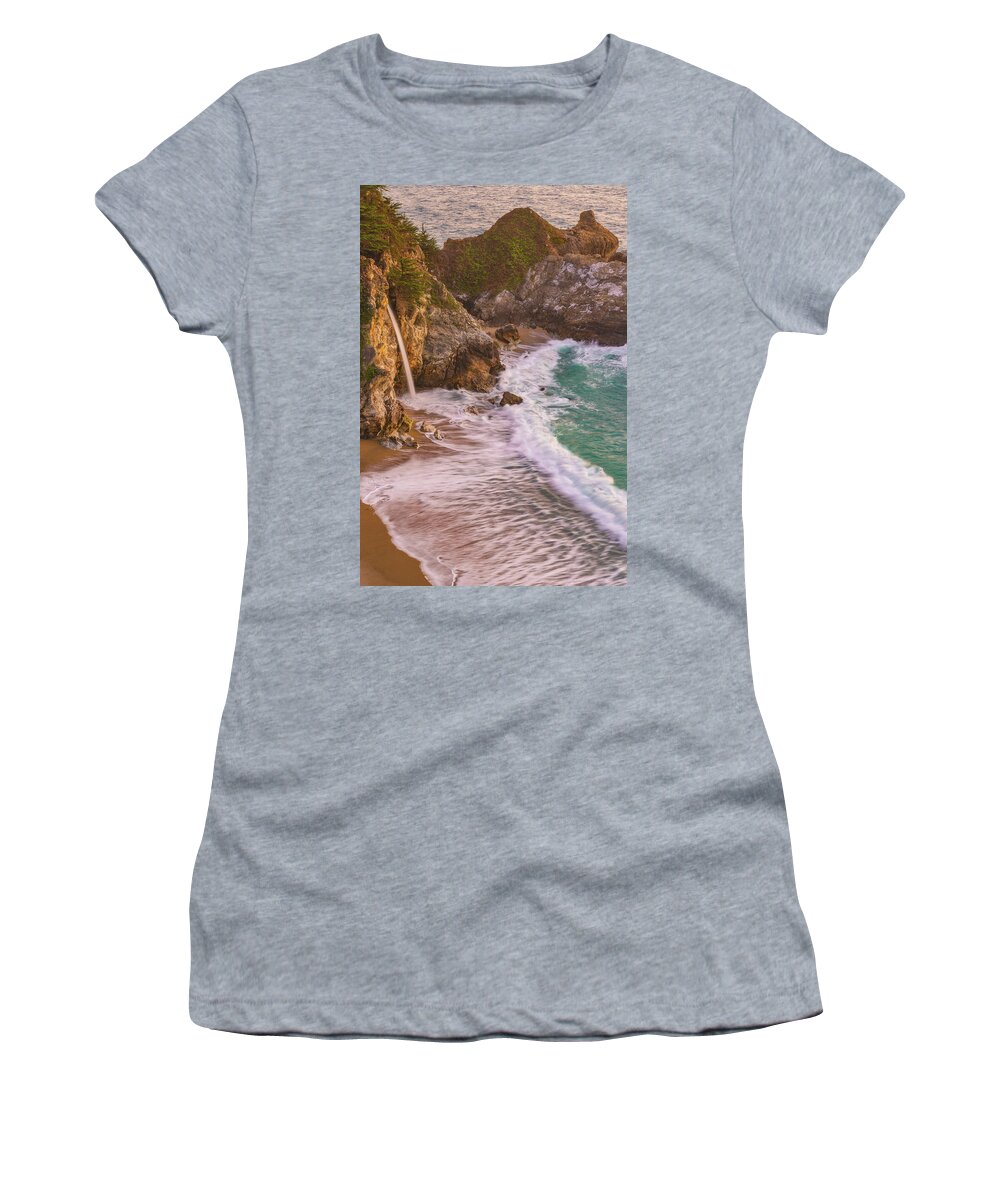 Waterfall Women's T-Shirt featuring the photograph Sunset Light at McWay Falls by Darren White