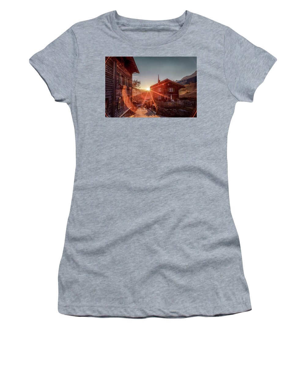 Breil Women's T-Shirt featuring the photograph Sunset on the small mountain village by Benoit Bruchez