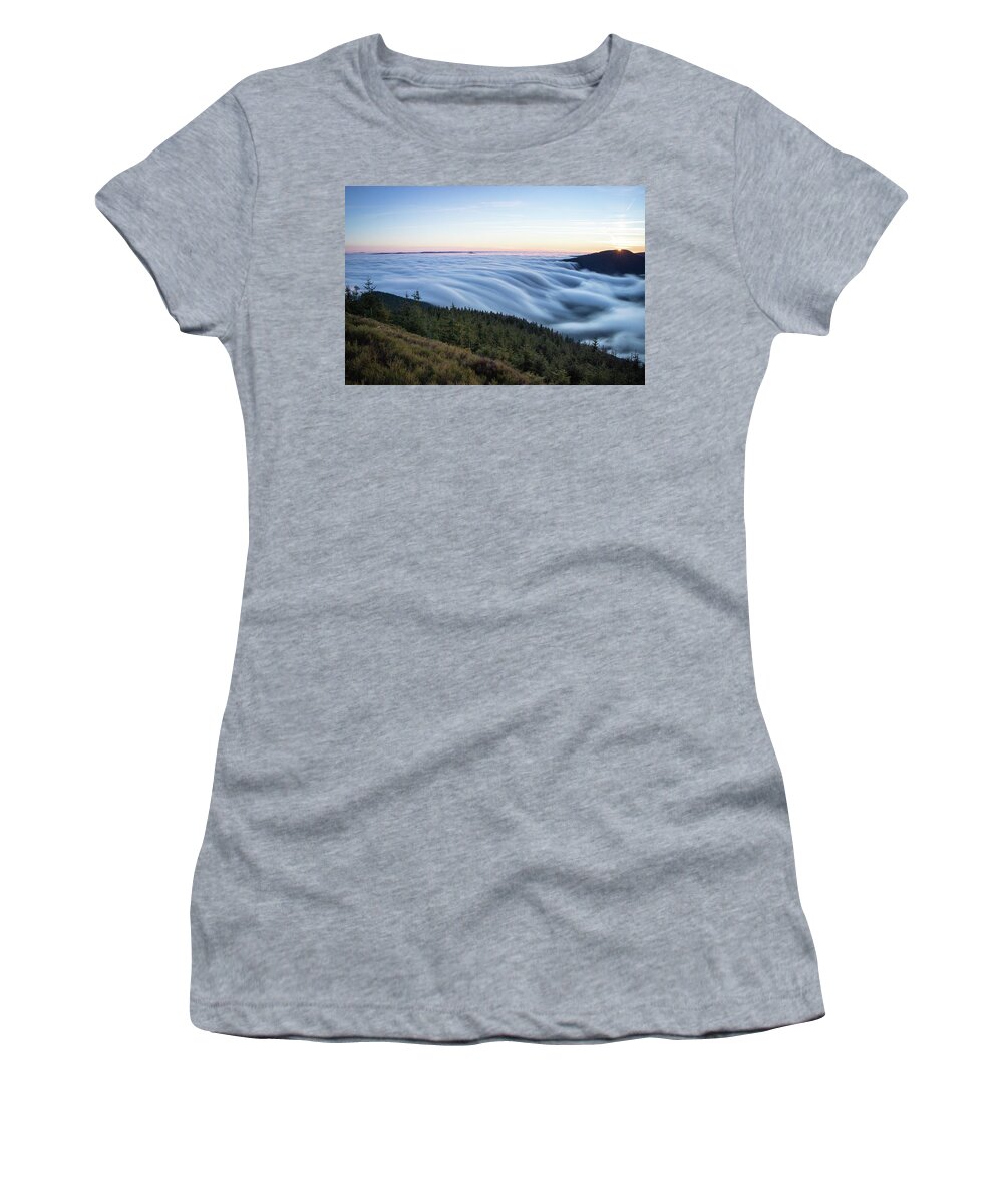 Courage Women's T-Shirt featuring the photograph Sunset with floating blue waves of clouds by Vaclav Sonnek