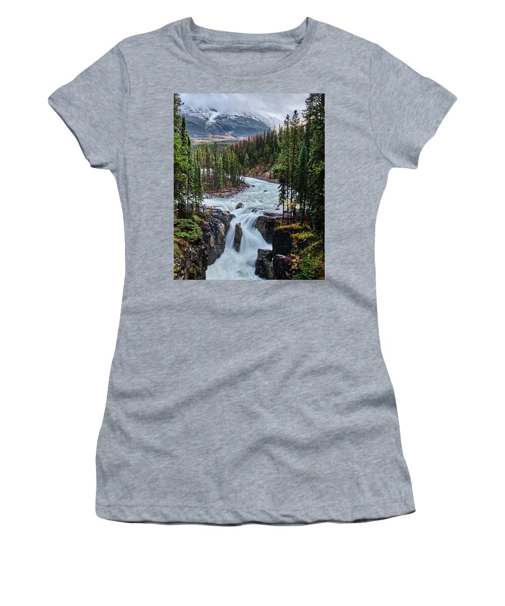 Voyage Jasper Banff 2021 Women's T-Shirt featuring the photograph Sunwapta Falls Jasper by Carl Marceau