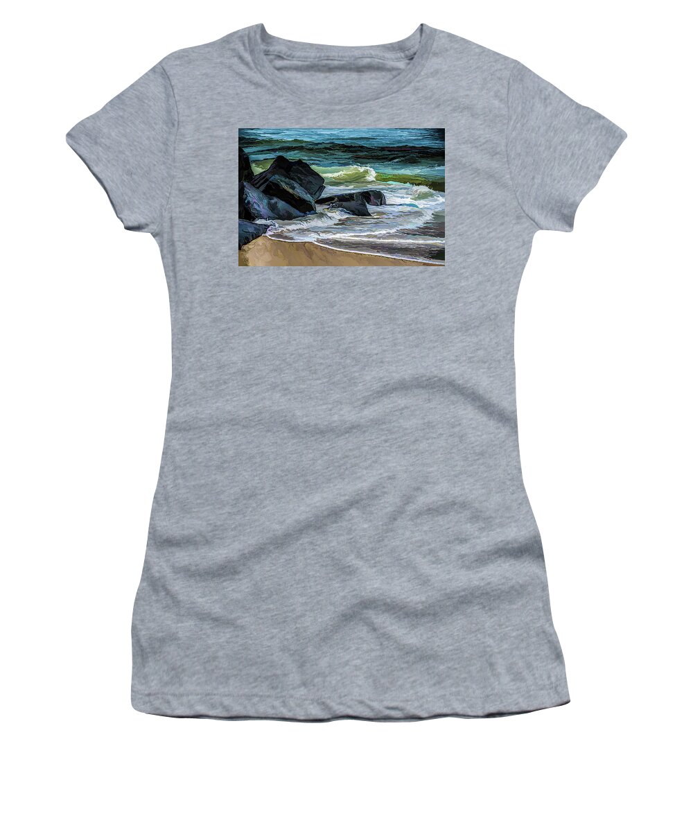 Ocean Women's T-Shirt featuring the photograph Surf on the Rocks and Sand - acrylic by Alan Goldberg