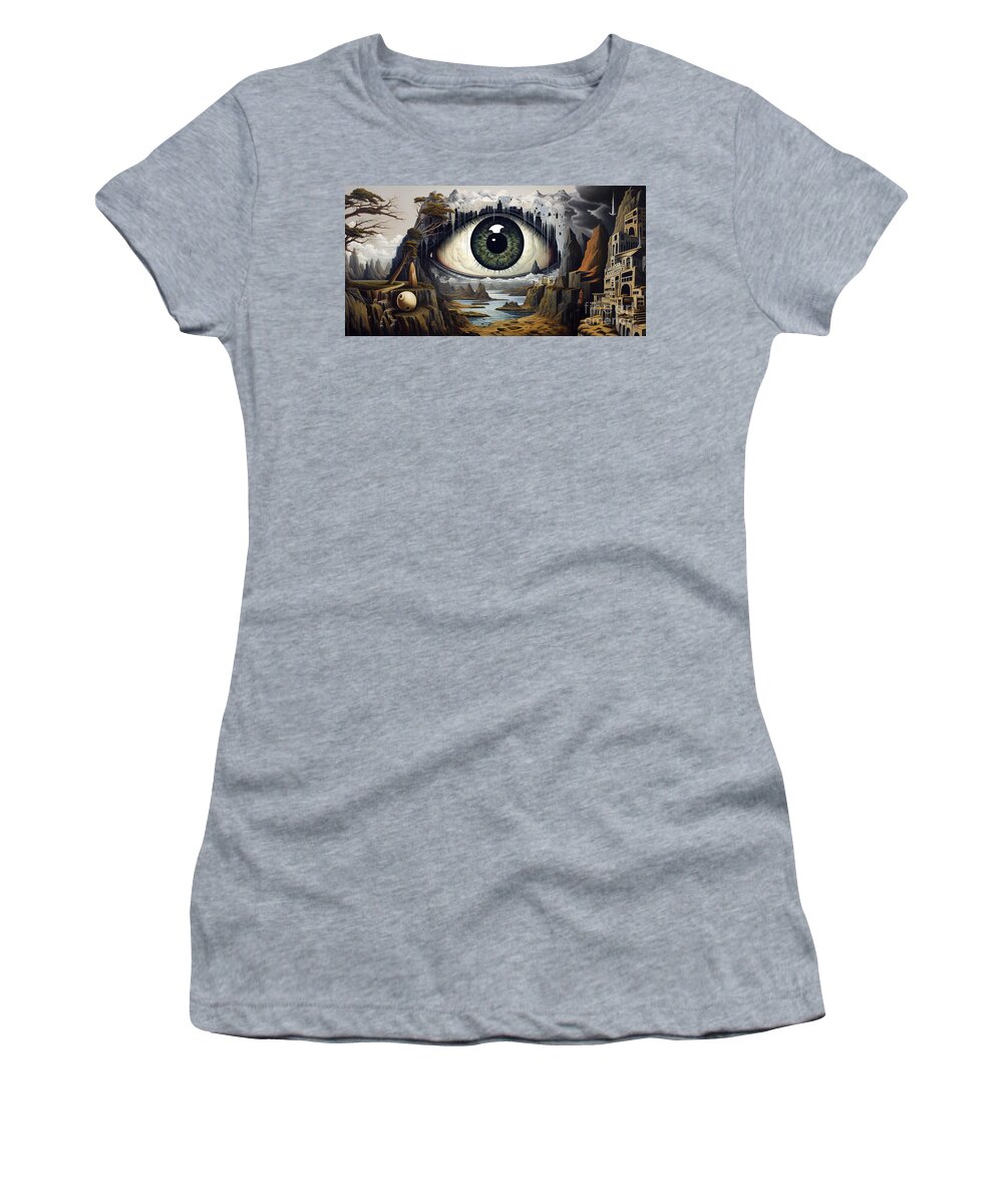 Surreal Women's T-Shirt featuring the digital art Surreal landscape featuring a giant eye overlooking a fantastical realm with cliffs by Odon Czintos