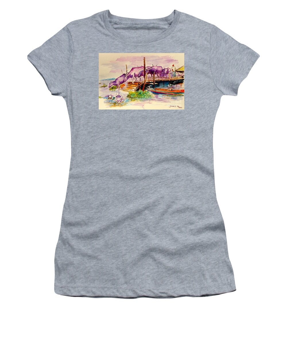 Rivers Women's T-Shirt featuring the painting Swamp Buffaloes by Jason Sentuf