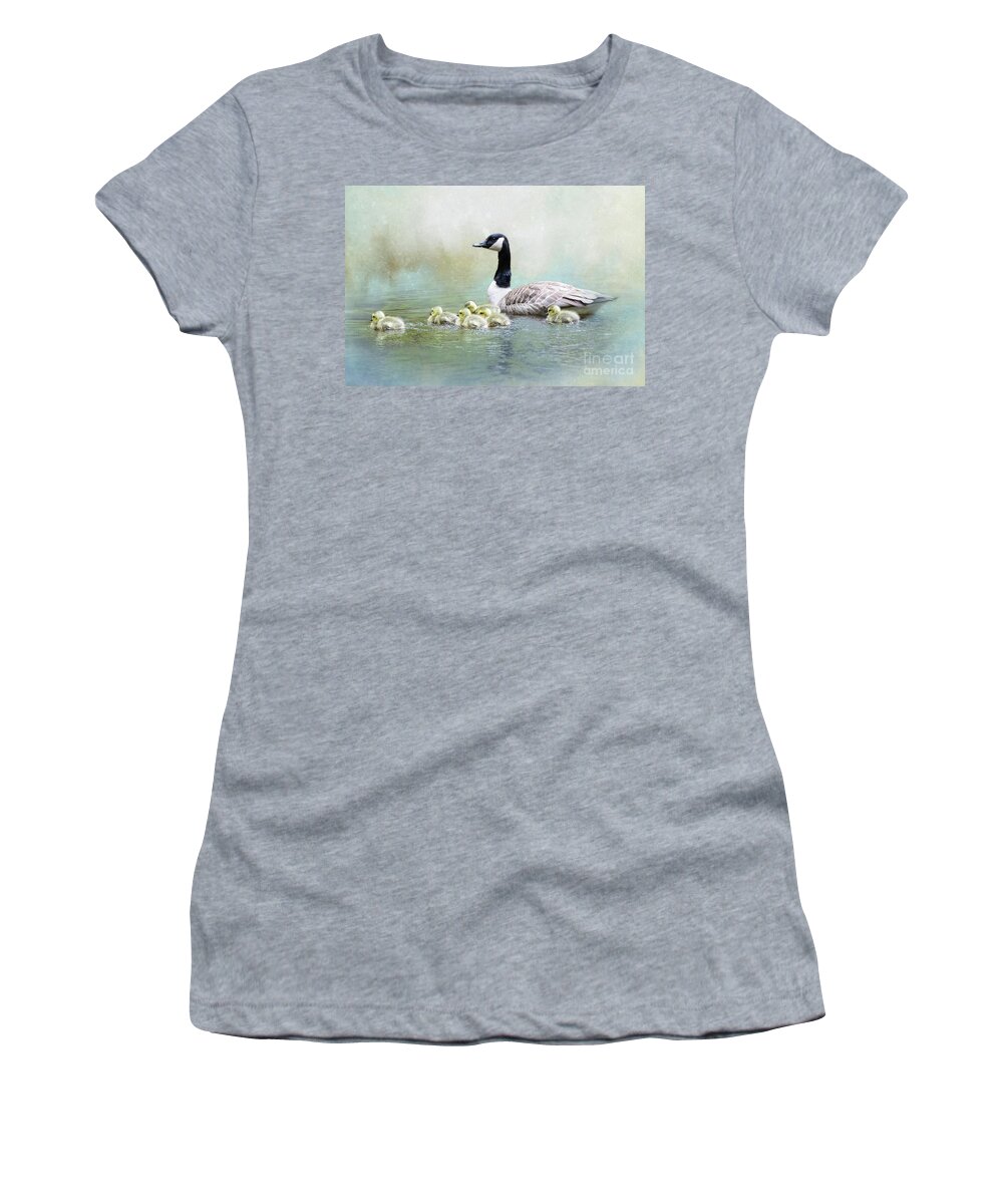 Canada Goose Women's T-Shirt featuring the photograph Swimming With Mom by Eva Lechner