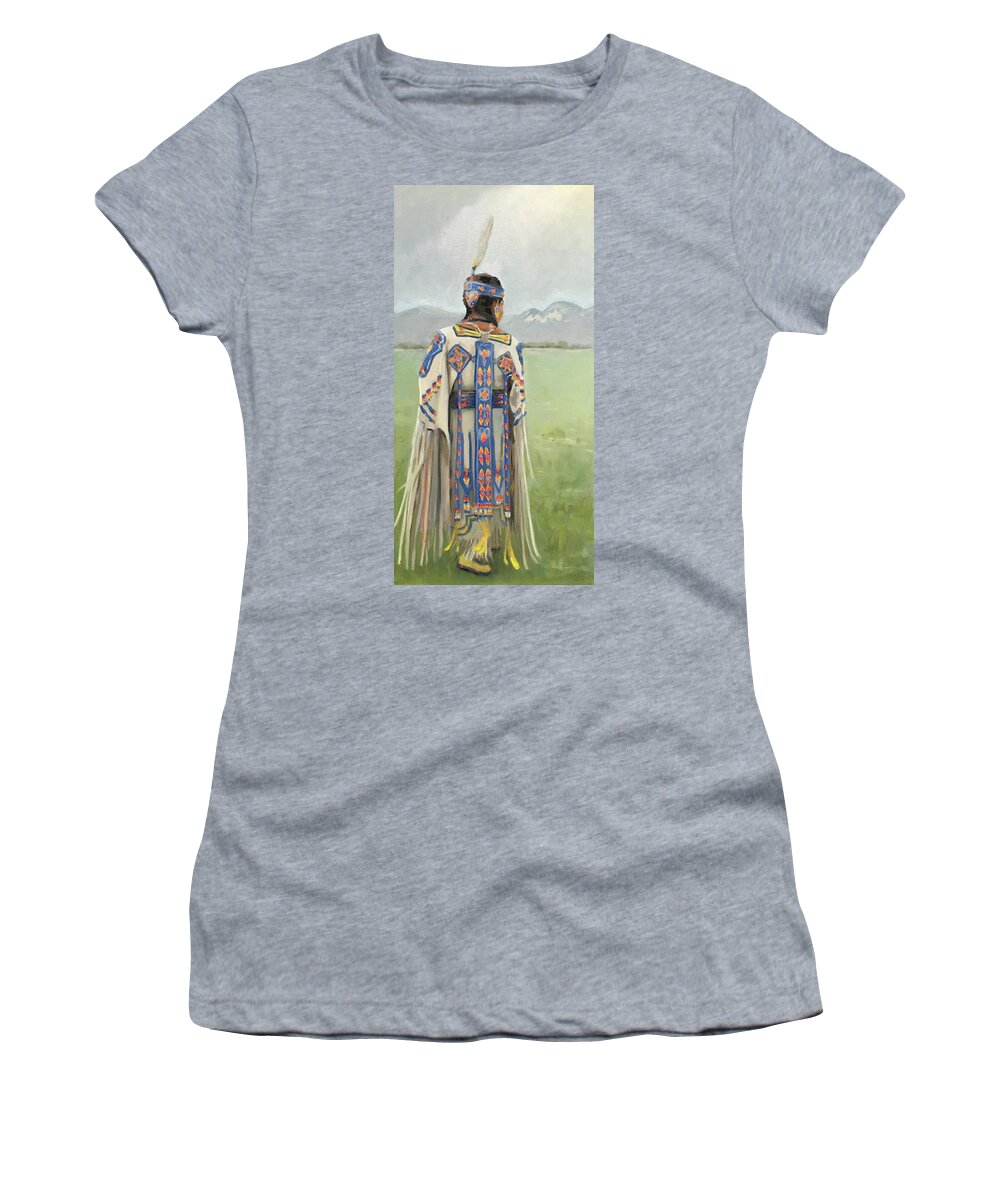 Native American Women's T-Shirt featuring the painting Swing and Sway, Buckskin Dancer by Elizabeth Jose