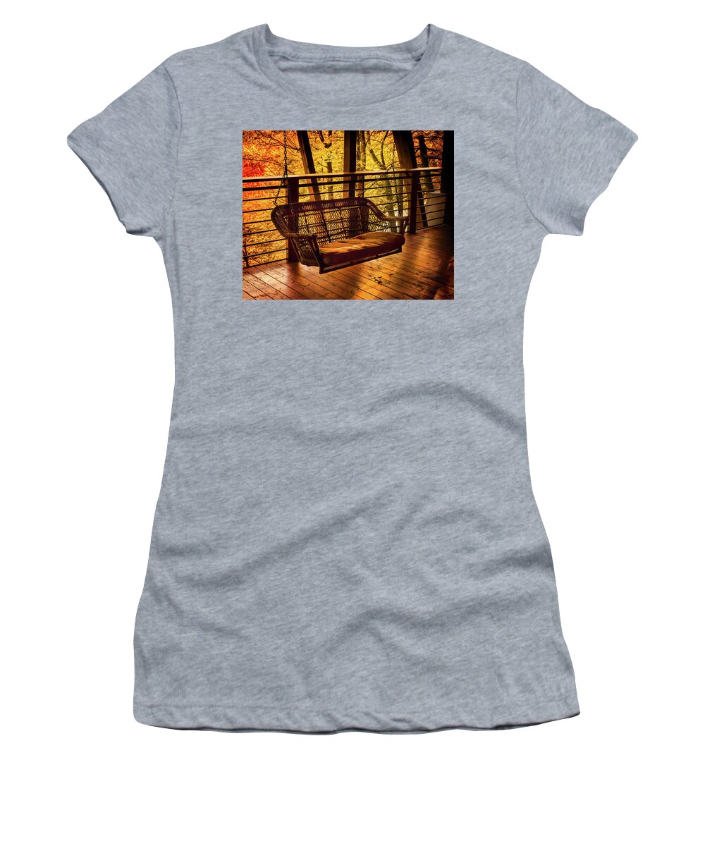 Autumn Leaves Swing Women's T-Shirt featuring the photograph Swinging in Autumn Trees Original Photograph by Jerry Cowart