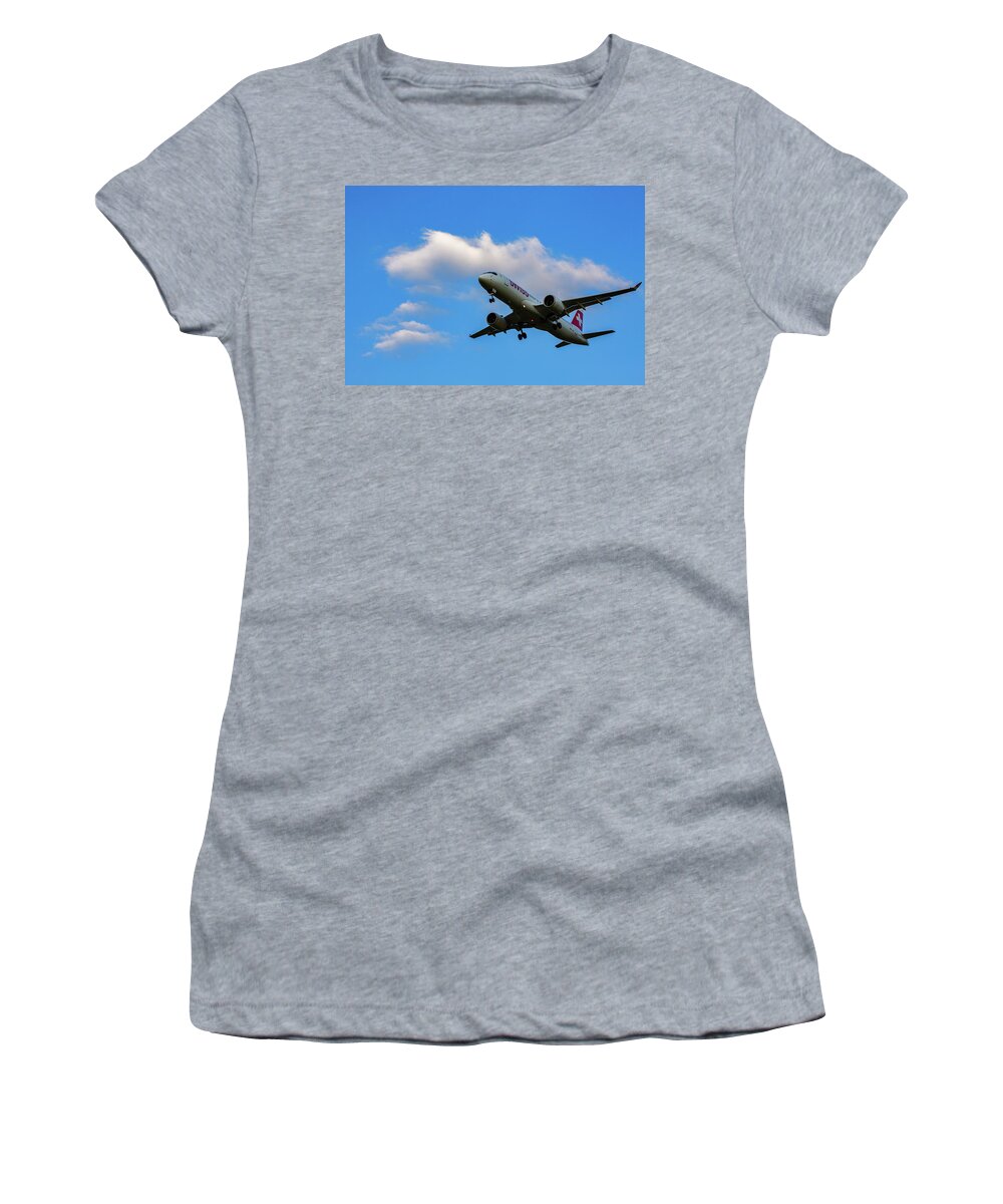 Swiss Air Women's T-Shirt featuring the photograph Swiss Air airplane landing by Ian Middleton