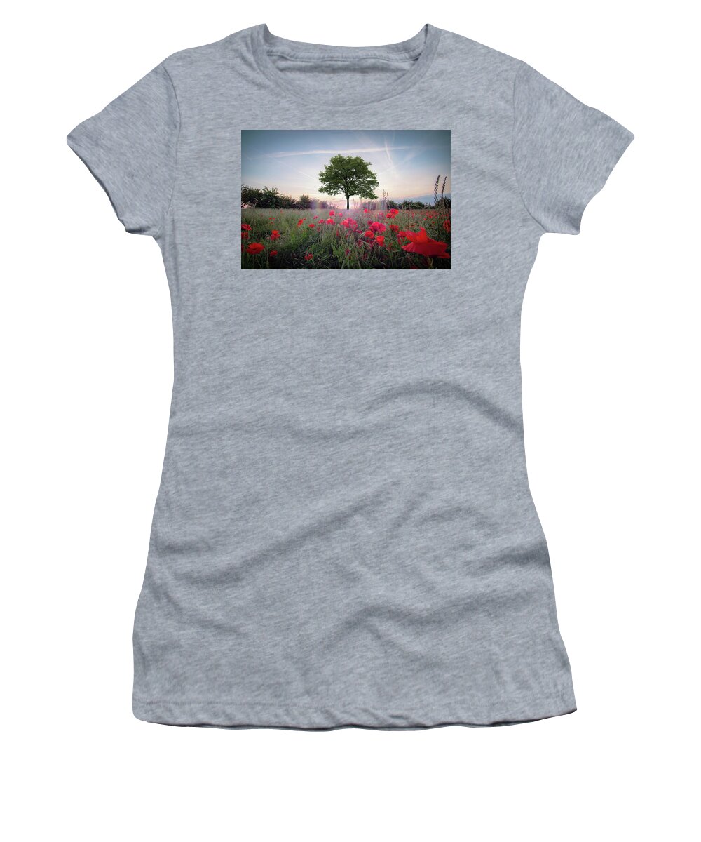 Poppies Women's T-Shirt featuring the digital art Sycamore Tree Amongst Poppies by Airpower Art