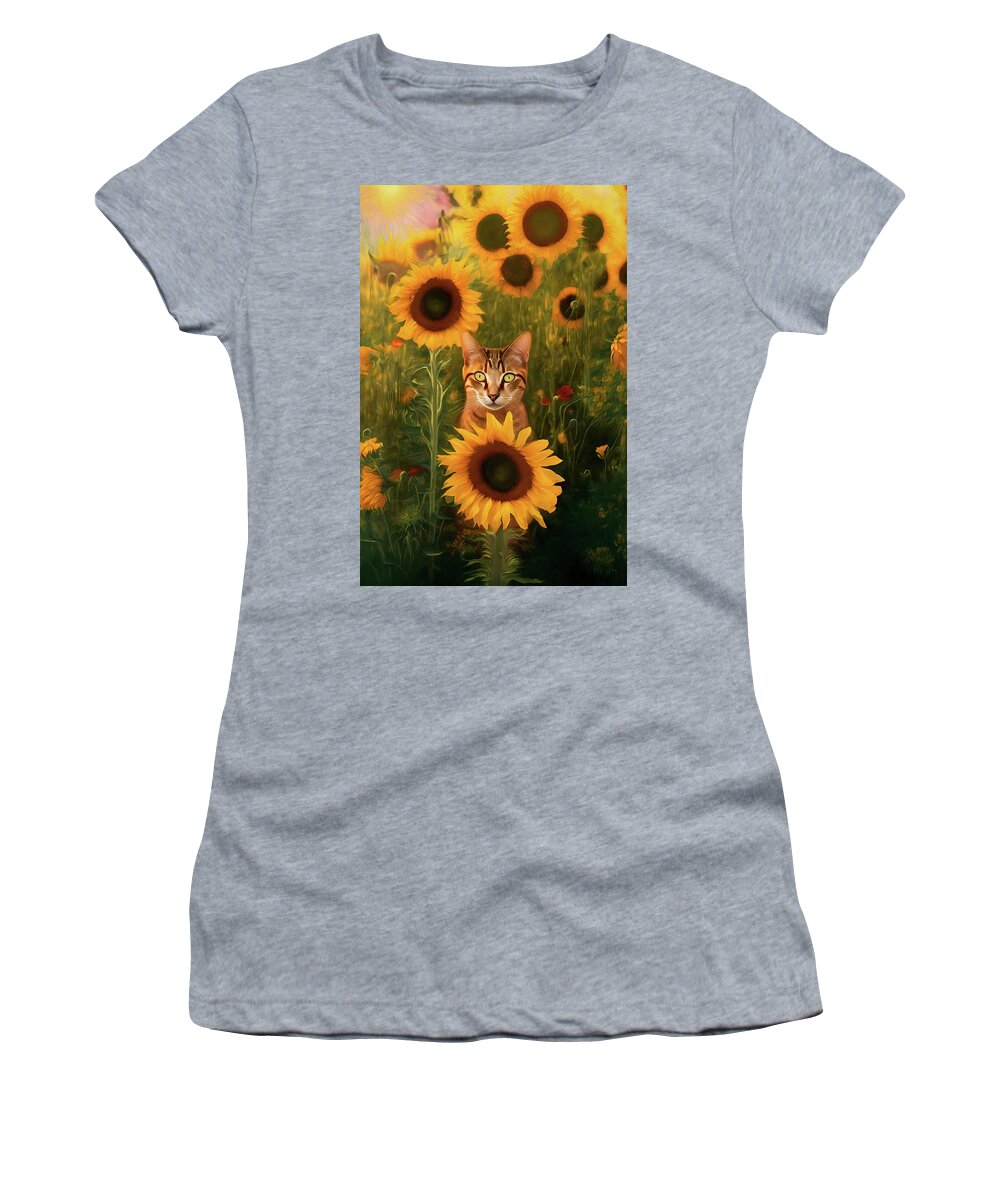 Cats Women's T-Shirt featuring the digital art Tabby Cat and Sunflowers by Peggy Collins