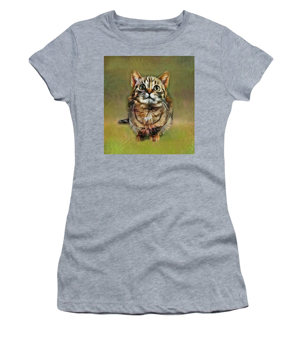 Tabby Women's T-Shirt featuring the mixed media Tabby Cat Curiosity by Sandi OReilly