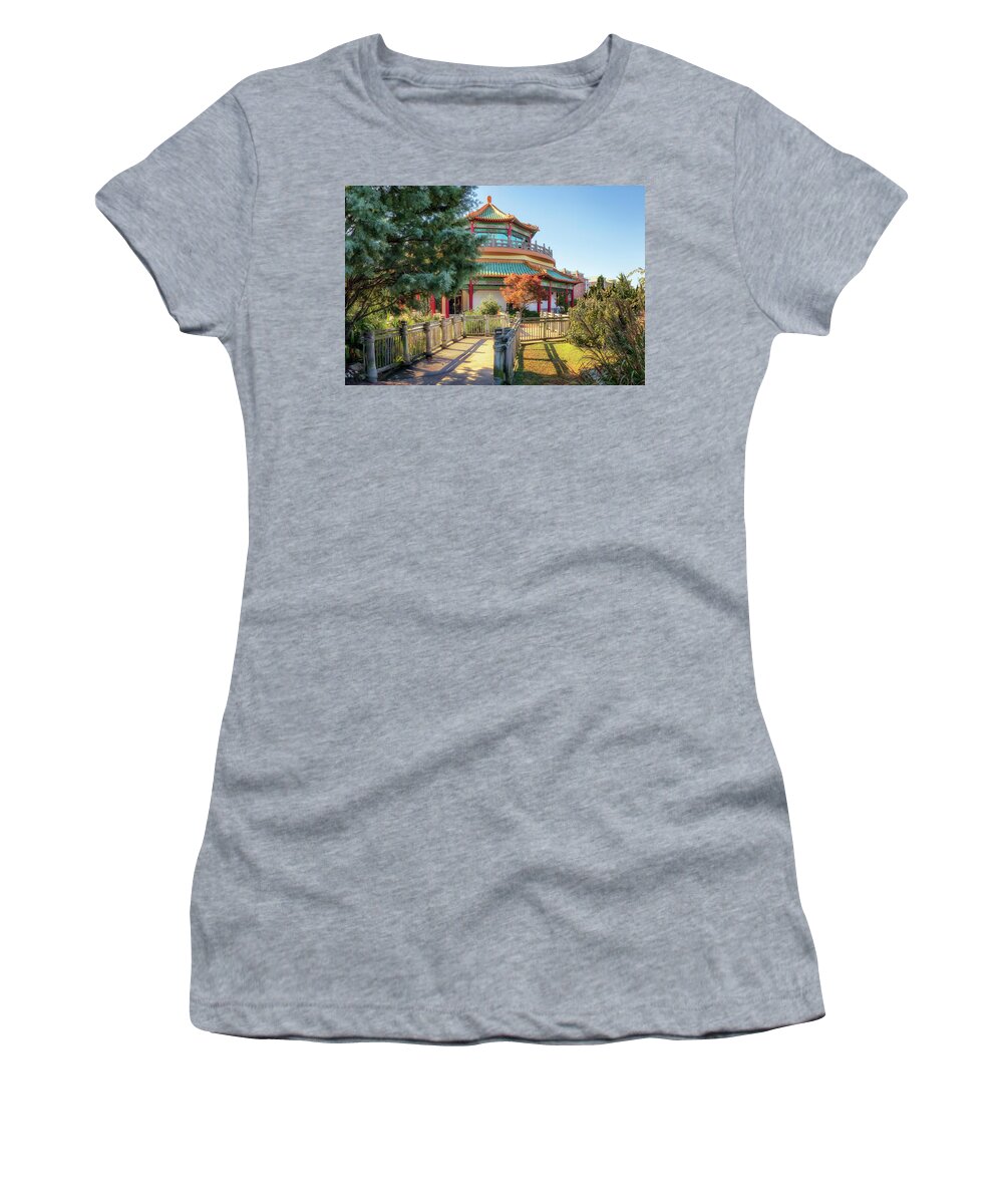 Pagoda Women's T-Shirt featuring the photograph Taiwan Friendship Pavillion - Norfolk by Susan Rissi Tregoning