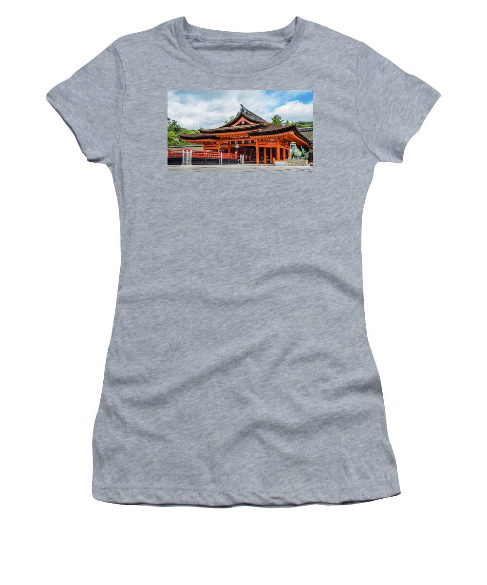 Shrine Women's T-Shirt featuring the photograph Taka-Butai or high stage, part of Itsukushima shrine on Miyajima by Lyl Dil Creations